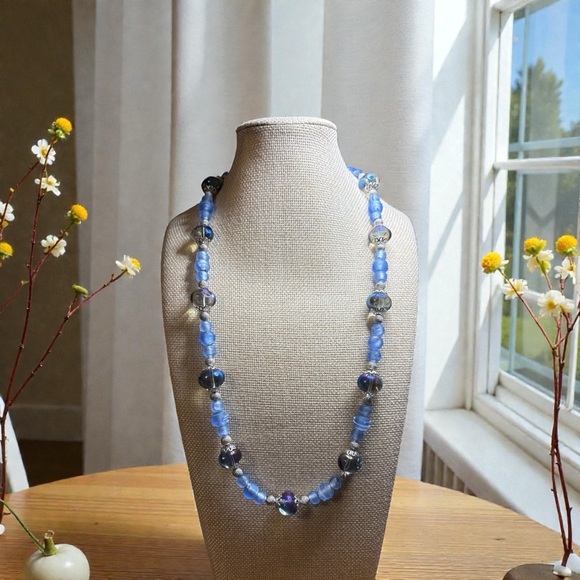 Kelco Jewelry - Vintage Lamp-work & Blue Marble Glass Beaded Necklace 22’